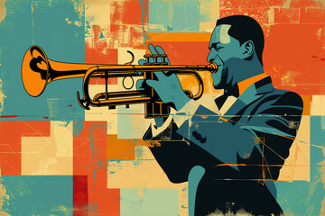 Afro-American male jazz musician trumpeter playing a brass trumpet in an abstract cubist style painting for a poster or flyer, stock illustration image