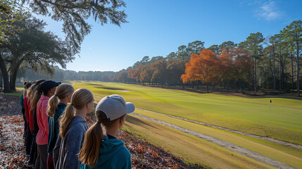 A group of juniors participates in a golf clinic at the club's practice facility, receiving instruction from experienced coaches and honing their skills on the driving range and pu