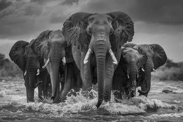 A group of elephants are standing in a river, with one of them splashing water - obrazy, fototapety, plakaty