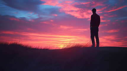 Obraz premium A golfer enjoys a relaxing round of twilight golf at a resort club, with the setting sun casting long shadows across the fairways and painting the sky in shades of pink and orange,