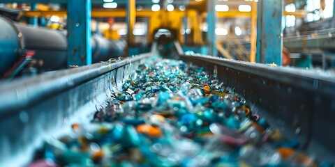 Closeup of recycling machine sorting plastic waste in factory with conveyor belts in background. Concept Recycling Machine, Plastic Waste, Factory Conveyor Belts, Closeup Shot - obrazy, fototapety, plakaty