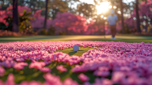 A golfer practices their short game on a putting green surrounded by blooming cherry blossoms, with the delicate pink petals carpeting the ground and creating a serene and pictures