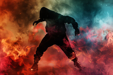 A man is dancing in the air with flames surrounding him - obrazy, fototapety, plakaty
