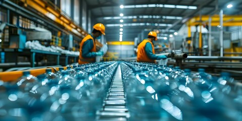 Workers processing plastic bottles at a waste processing plant captured in a blurred image. Concept Workplace environment, Waste recycling, Plastic bottles processing, Industrial workers