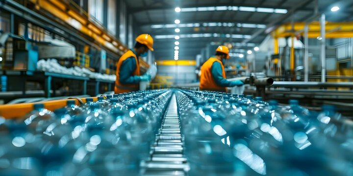 Workers processing plastic bottles at a waste processing plant captured in a blurred image. Concept Workplace environment, Waste recycling, Plastic bottles processing, Industrial workers