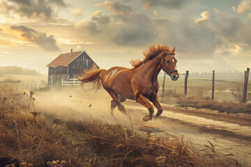 A horse is running in a field with a barn in the background - obrazy, fototapety, plakaty