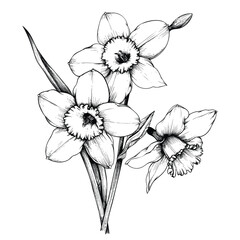 A branch of daffodil flowers, vintage flower illustration, black and white drawing, hand drawn illustration, vector isolated on white background