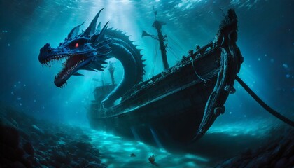 an underwater blue dragon sea creature swimming around a shipwrecked ship - obrazy, fototapety, plakaty