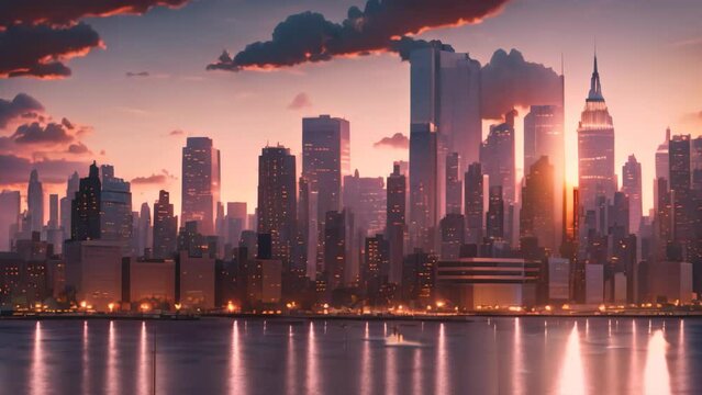 Chicago skyline with skyscrapers at sunset, illustration in vector format, AI Generated