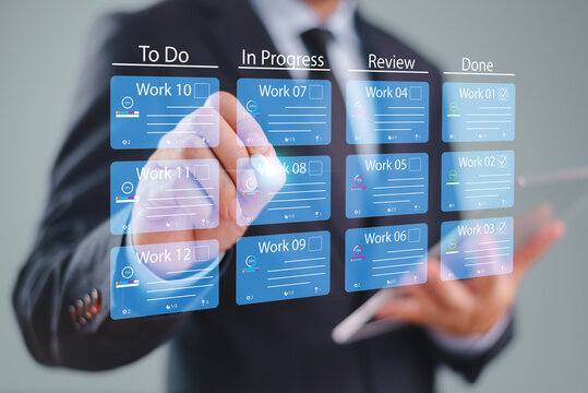 Agile project management, software integration development. Kanban or scrum methodology board screen. Process fast change concept, developer workflow, visual organization tools and framework.