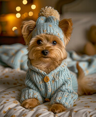 Cute yorkie with knitted cloths and hat in the bed.