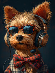 Cute teenager yorkie with sunglasses and headphone. Illustration. AI