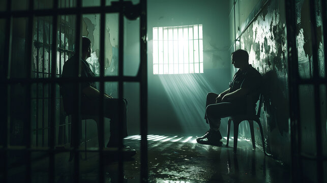 Two individuals in a dark cell, one sitting in the light from the window