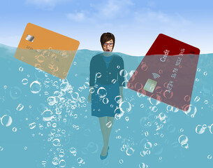 This young lady is drowning in credit card debt and is seen in water up to her neck in this 3-d illustration.