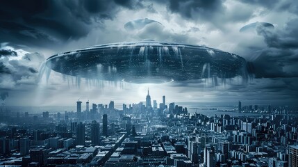 Alien invasion. An alien spaceship hovered over a densely populated city. The alien craft dominates the skyline, its presence both mesmerizing and terrifying to the city's inhabitants.