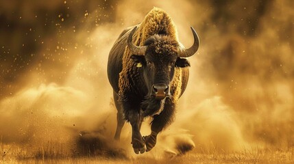running buffalo with dust in background - obrazy, fototapety, plakaty