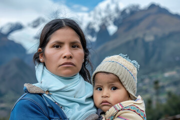 A woman and a child are standing in front of a mountain