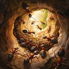 The image you imagined has been created, capturing the essence of ants within nest, infused with a grunge and vintage style, AI-generated illustrations - obrazy, fototapety, plakaty