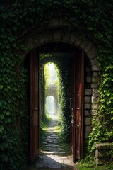 3d rendering of a fantasy doorway portal framed by green vines leading into a idyllic garden. Generative A - 770883909