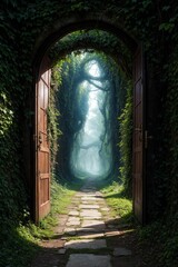 A way to freedom. Dirt road in green meadow in open door of ancient house. Photo toned in brown color. Generative AI - 770883937