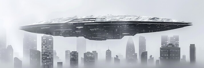 Alien invasion. Huge alien spaceship hovered over a densely populated city. The alien craft's intricate design and silent presence instill a sense of wonder and curiosity in the city's onlookers.