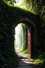 3d rendering of a fantasy doorway portal framed by green vines leading into a idyllic garden. Generative A - 770884341