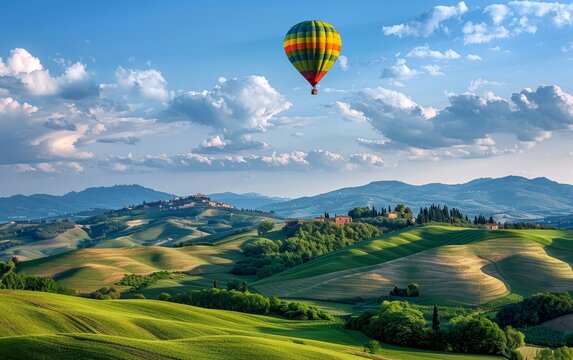 A colorful hot air balloon floats serenely over a lush green countryside dotted with trees.