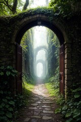 3d rendering of a fantasy doorway portal framed by green vines leading into a idyllic garden. Generative AI - 770884564