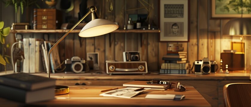 A simple wooden desk with a classic lamp and a vintage camera sits bathed in warm light.