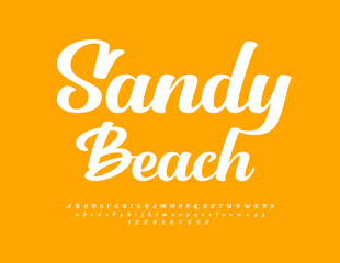 Vector stylish poster Sandy Beach. Modern Cursive Font. Trendy Alphabet Letters and Numbers set