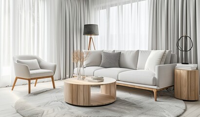 Fototapeta premium A modern living room with white walls, light grey sofa and armchair, wooden coffee table, floor lamp, curtains on the window, carpet in neutral tones