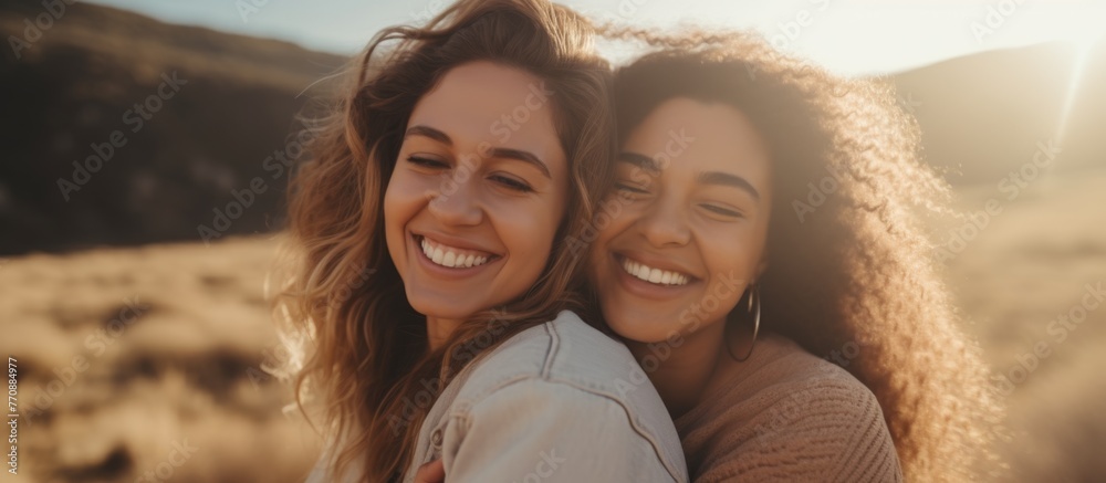 Sticker two women with flowing hair and big smiles embrace in a field, their cheeks pressed together in a he