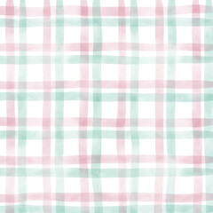 Pink Green Plaid Gingham Check Hand Drawn Background Overlay
