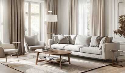 A modern living room with white walls, light grey sofa and armchair, wooden coffee table, floor lamp, curtains on the window, carpet in neutral tones