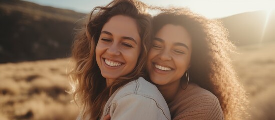 Two women with flowing hair and big smiles embrace in a field, their cheeks pressed together in a heartwarming gesture of happiness and fun while on a travel adventure