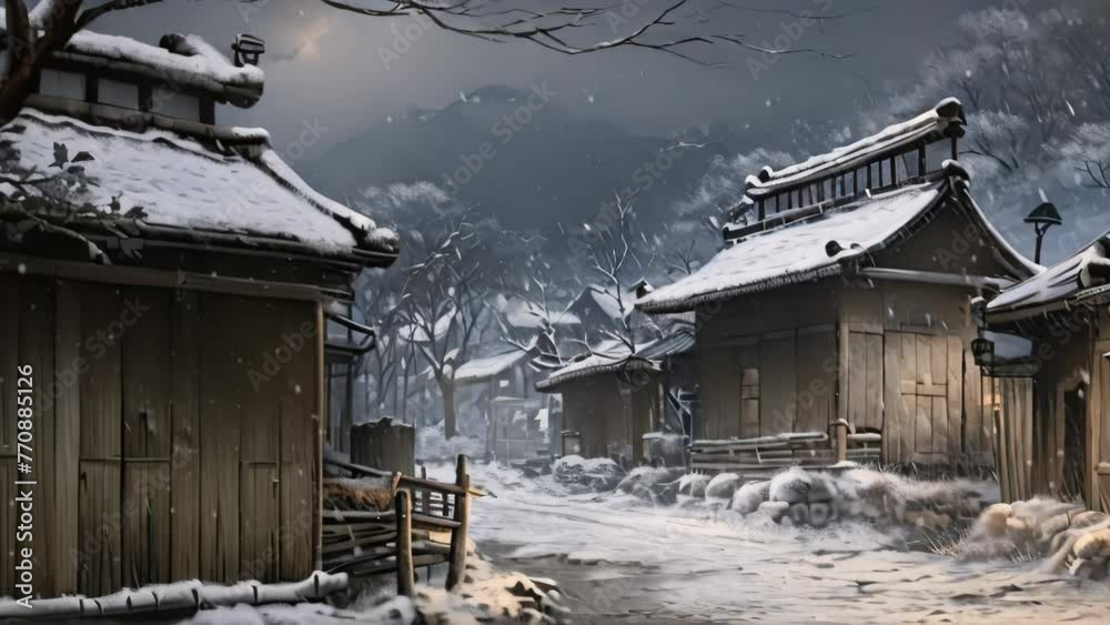 Canvas Prints Snowy night in a Japanese village with a wooden cottage and lanterns, AI Generated