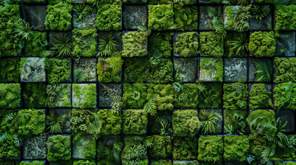 Render a close-up view of an exterior wall covered in various species of moss - Powered by Adobe