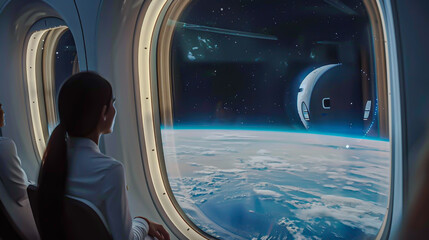 Passengers gazing in awe at the Earth from the oversized windows of a luxury space shuttle