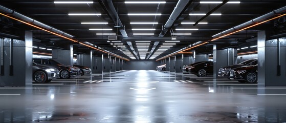 A well-lit underground parking garage with rows of parked cars in various colors. - obrazy, fototapety, plakaty