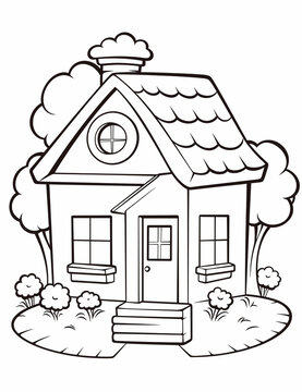 recommend clip art: house coloring pages for kids, nature inspired, aesthetic, cottages, trees , flowers,  kids activity sheets