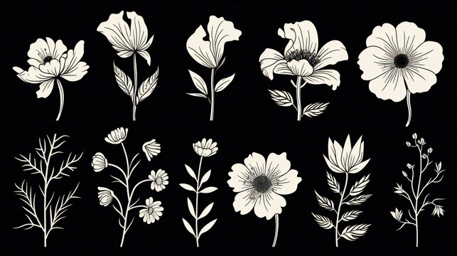 set of black vector illustration of flower
