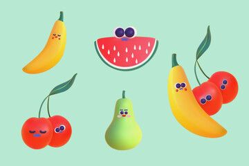 3d vector cartoon icon set on a blue background, vector characters, bananas, watermelon, cherry and pear 3d icons