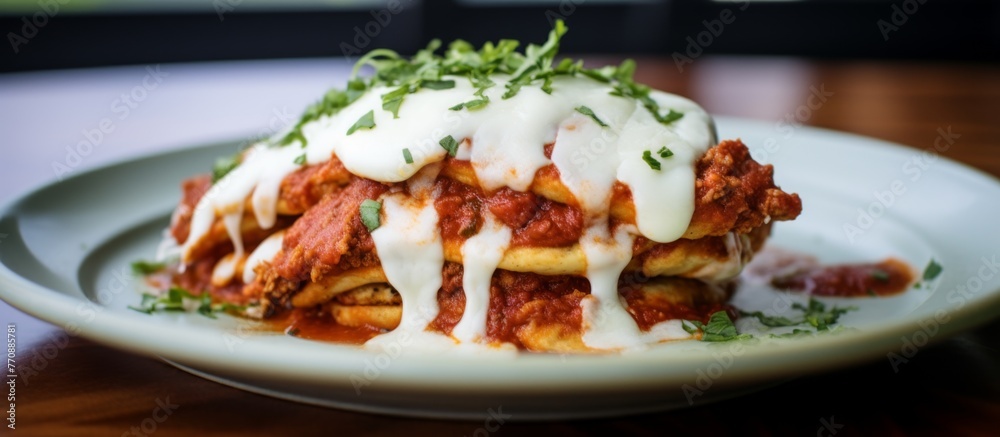 Wall mural a closeup shot showcasing a delicious plate of comfort food on a table. the dish is made with fresh 