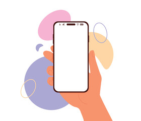 Hand holding mobile vertically in flat style