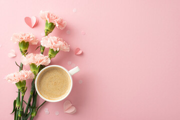 Classy Mother's Day scene. Top view shot of a fragrant cappuccino, cheery carnations, petite hearts, and confetti on a pastel pink canvas, leaving space for your text or campaign - obrazy, fototapety, plakaty