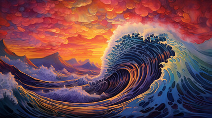 Peinture d'une vague au coucher du soleil. Œuvre représentant une vague sur un ciel pommelé rouge. - obrazy, fototapety, plakaty
