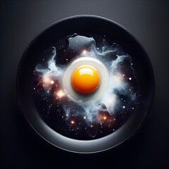 Ai Generated 3D illustration of a fried egg in a black frying pan with a cosmic atmosphere surrounding it