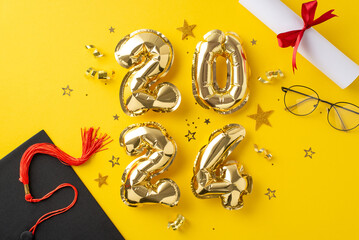 Accomplishment concept. Top view photo featuring 2024 gleaming balloons, mortarboard, diploma rolled and adorned with ribbon, glasses, dazzling confetti on yellow surface for personalized advertising