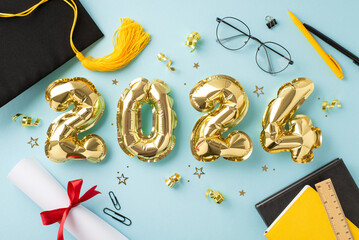 Celebration scene: Top view of golden balloons, mortarboard, diploma, tied ribbon, study tools,...