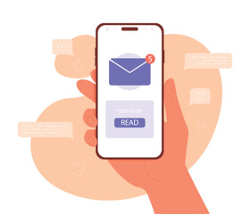 hand holding a mobile phone with an unread message icon in a trendy and modern flat style